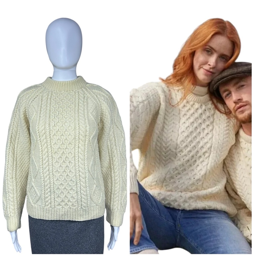 Robert Scott Pure Wool Aran Fisherman Handknit Sweater Sz Small Ireland Chunky